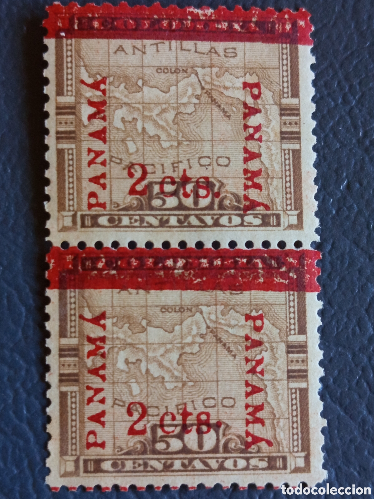 Sellos: Panam&aacute; 1903 Mapa 50c sobrecarga roja 2cts pareja vertical MNH Scott 73