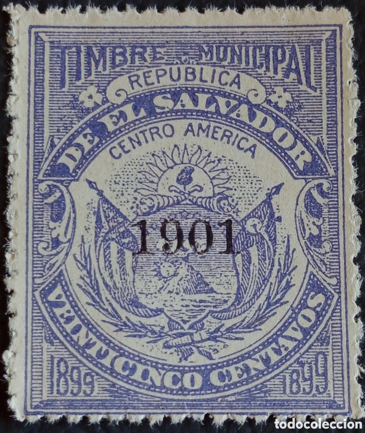 Sellos: El Salvador 1899 Timbre Municipal 25 Centavos Violeta Sobrecarga 1901 MH
