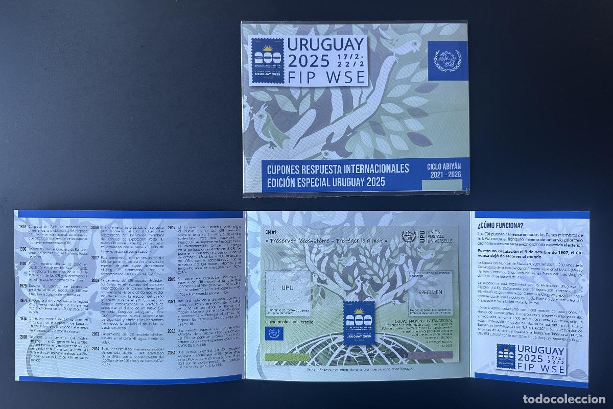 Sellos: Carpeta de muestras Uruguay 2025 FIP Word Stamp Exhibition UPU Abidjan Coupon IRC