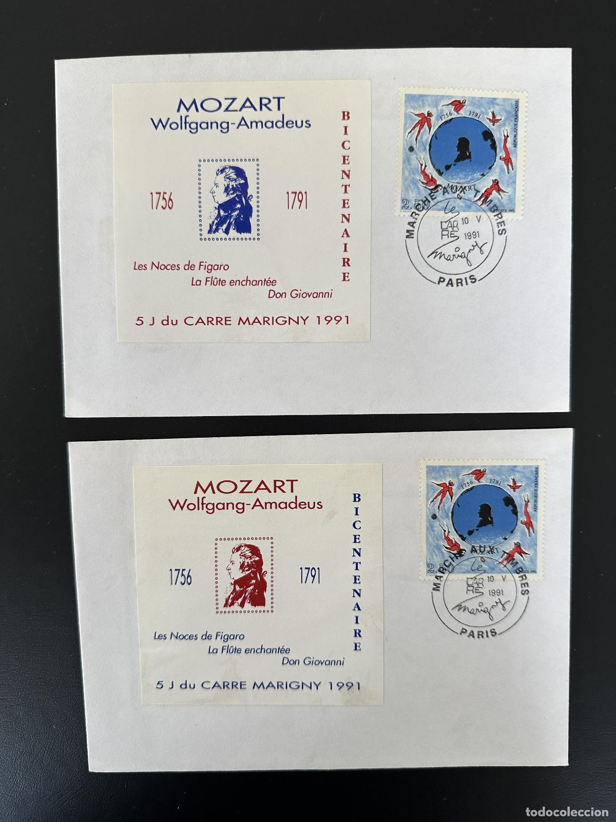 Sellos: Francia 1991 Bloc Carr&eacute; Marigny n&deg;3 FDC rojo y azul Wolfgang Amadeus Mozart