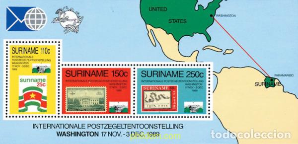 Sellos: 29607 MNH SURINAM 1989 WORLD STAMP EXPO 89. EXPOSICION FILATELICA INTERNACIONAL