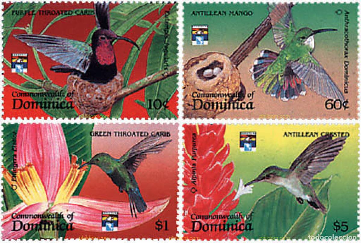 Sellos: 302215 MNH DOMINICA 1992 GENOVA 92. EXPOSICION FILATELICA INTERNACIONAL. AVES