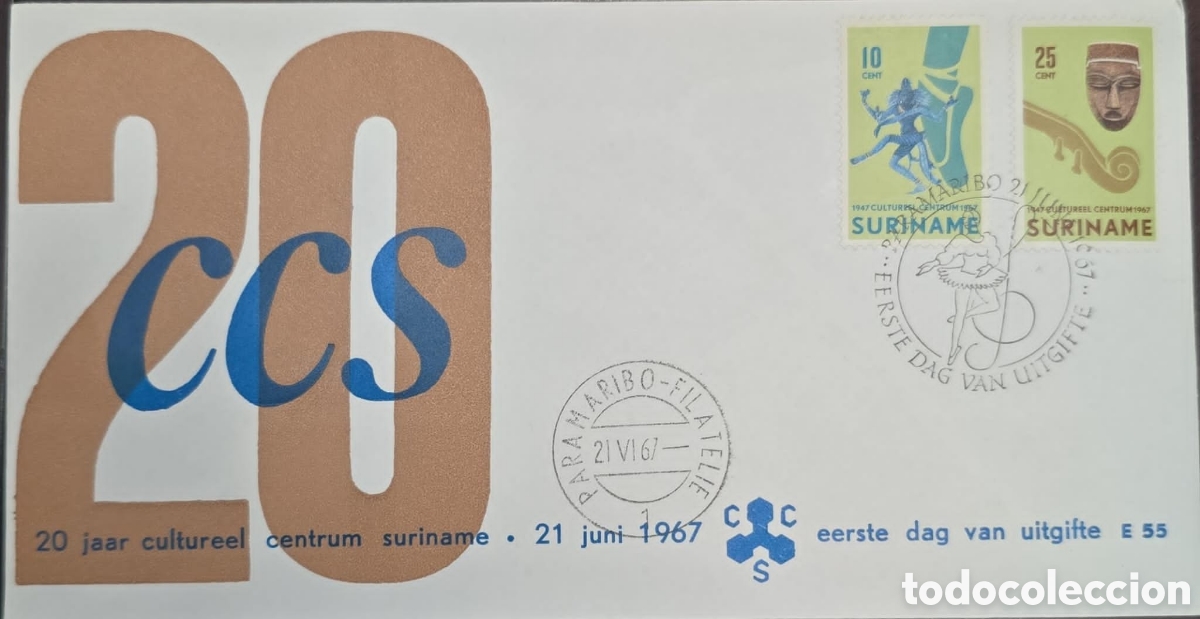 Sellos: CA)SURINAME 1967 First Day Cover (FDC) from Suriname commemorating the 20th anniversary of the Cultu