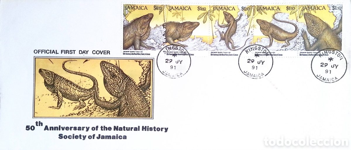 Sellos: CA)Jamaica.1991.50.&ordm; aniversario de la Sociedad de Historia Natural de Jamaica / Iguana de Jamaica (