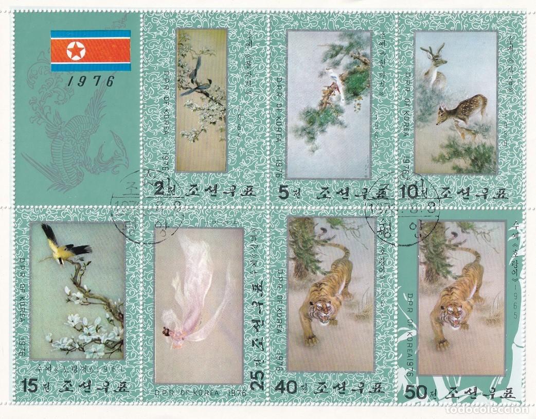 Sellos: HB Corea del Norte 1976 - Bordados - Rabilargo asi&aacute;tico - P&aacute;jaro sobre rama - Ciervo y cr&iacute;a - Tigre