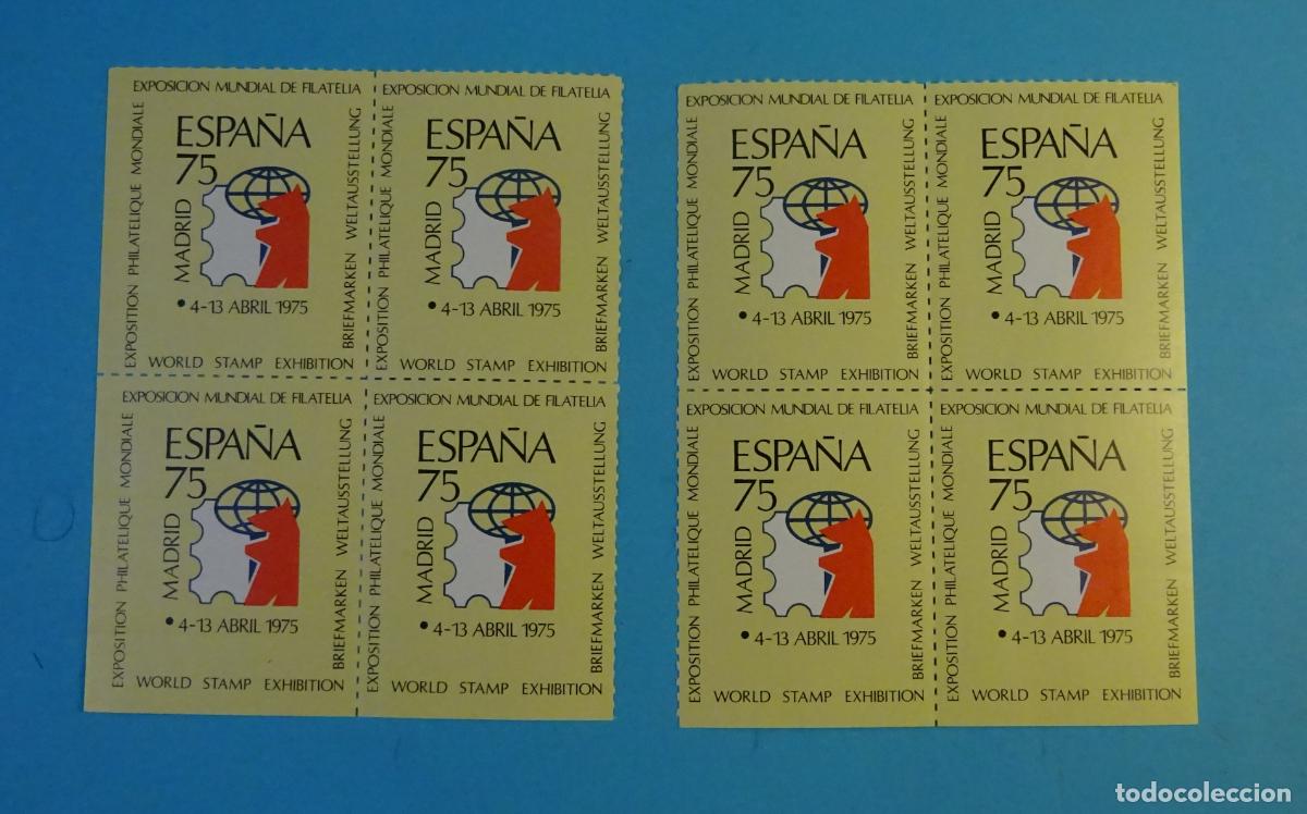Sellos: ESPA&Ntilde;A 8 ETIQUETAS EXPOSICI&Oacute;N MUNDIAL DE FILATELIA ESPA&Ntilde;A&acute;75 EN DOS BLOQUE DE CUATRO