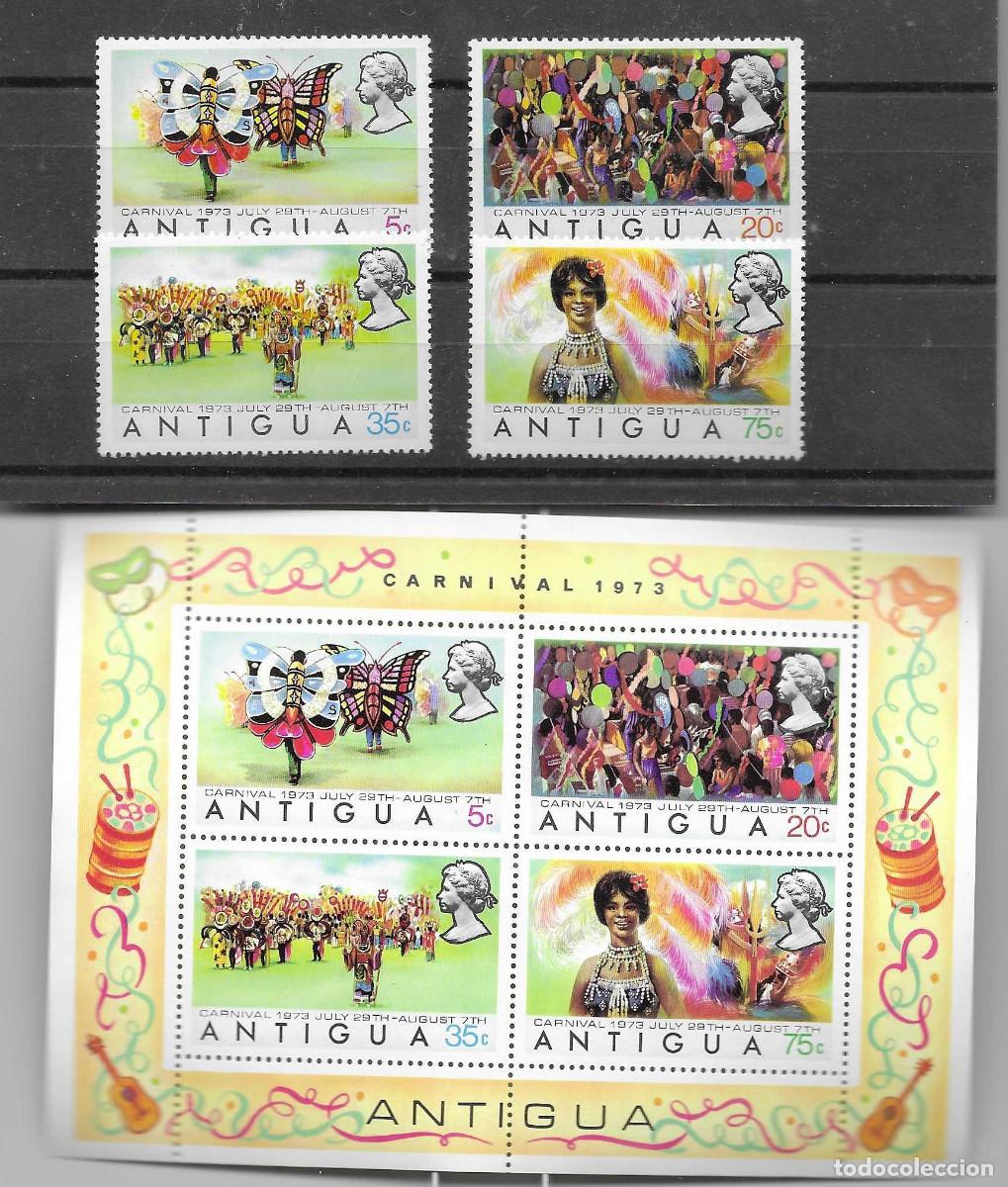 Sellos: Serie completa m&aacute;s hoja bloque nuevas de Antigua de 1973. Carnaval.