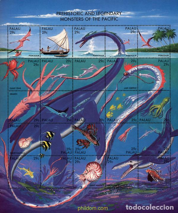 Timbres: 222997 MNH PALAU 1993 FAUNA PREHISTORICA Y MONSTRUOS LEGENDARIOS