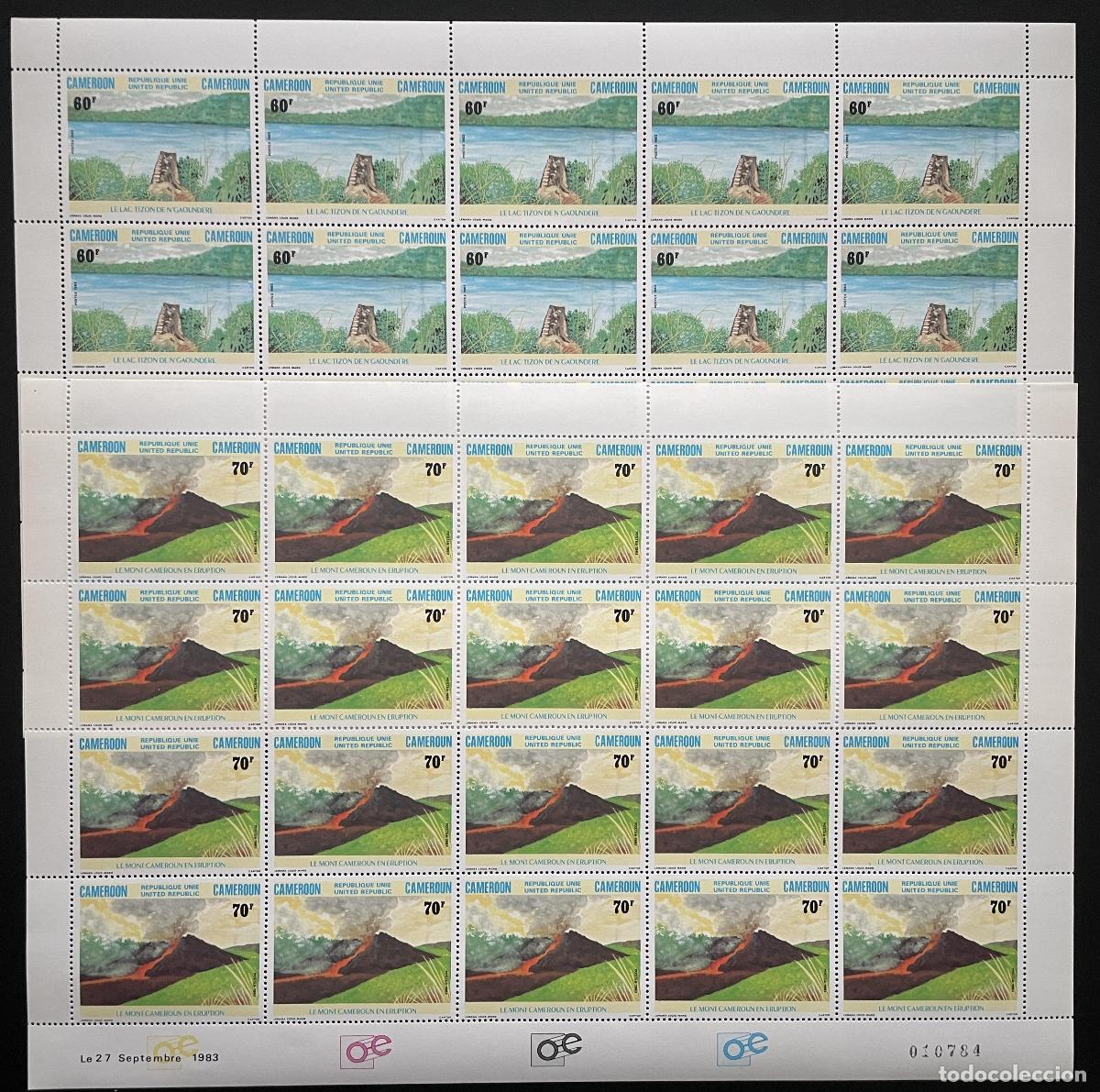 Sellos: Camer&uacute;n 1983 YT 728-729 tabl&oacute;n lago monta&ntilde;a erupci&oacute;n paisaje volc&aacute;nico