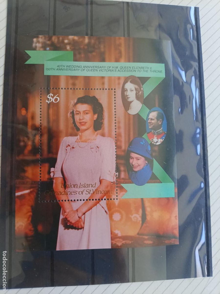 Sellos: Isla de la Uni&oacute;n, Grenadinas de San Vicente. Aniversario Elizabeth II Hojita nueva 6 dollars, 1987