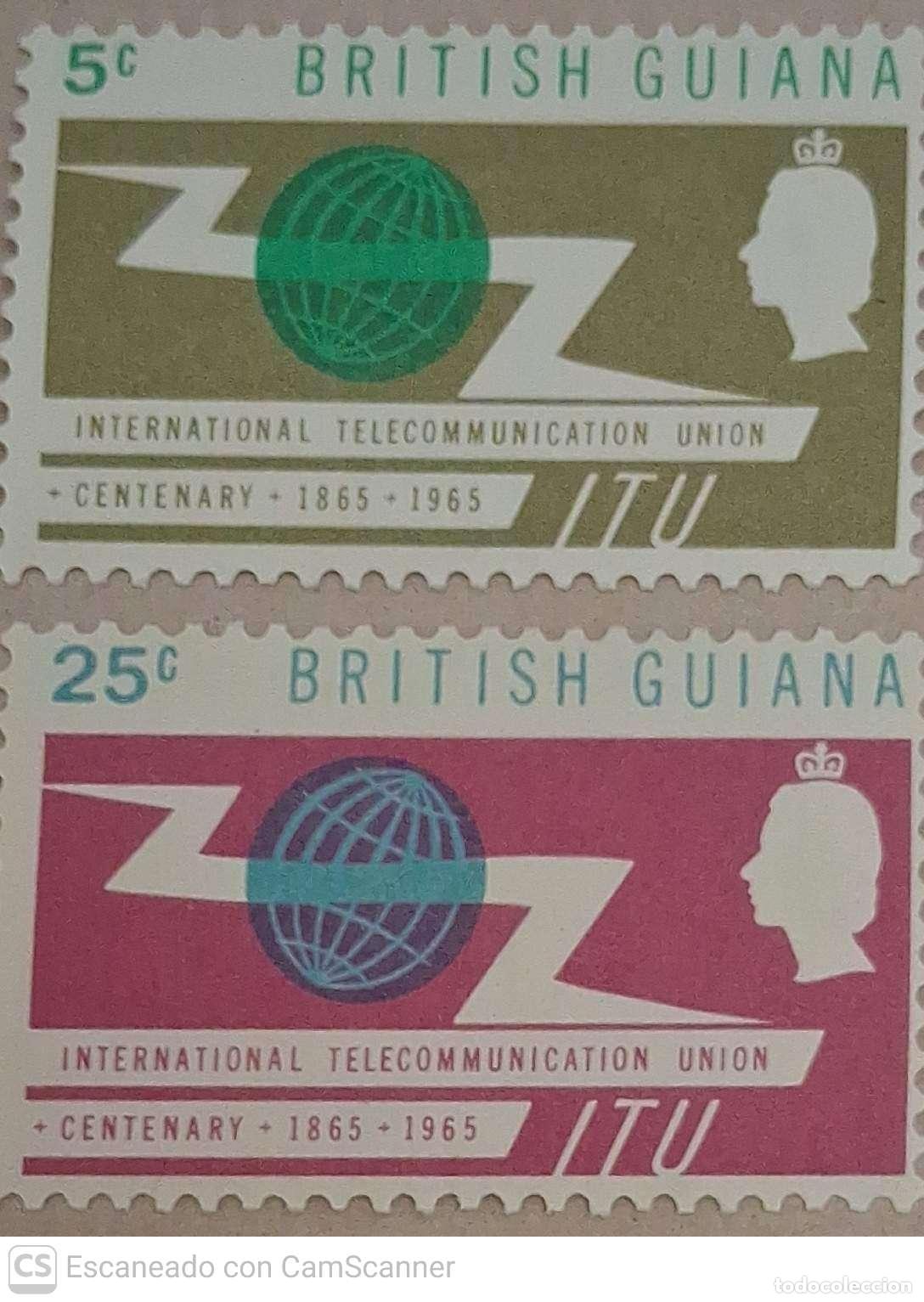 Sellos: Guayana Inglesa. 217/18 Centenario Uni&oacute;n Internacional de Telecomunicaciones. 1965. Sellos nuevos co