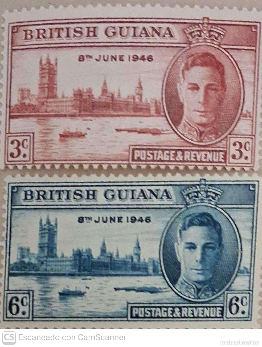 Sellos: Guayana Inglesa. 174/75 Aniversario de la Victoria. 1946. Sellos nuevos y numeraci&oacute;n Yvert.