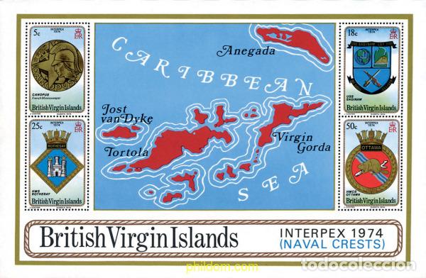 Sellos: 56355 MNH VIRGENES BRITANICAS Islas 1974 INTERPEX 1974. EXPOSICION FILATELICA. ESCUDOS NAVALES