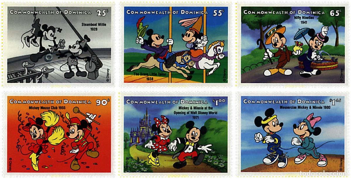Sellos: 593928 MNH DOMINICA 1998 70 ANIVERSARIO DE MICKEY Y MINNIE MOUSE