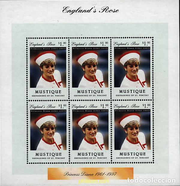 Sellos: 9232 MNH SAN VICENTE GRANADINAS. MUSTIQUE 1997 EN HOMENAJE A LA PRINCESA DIANA