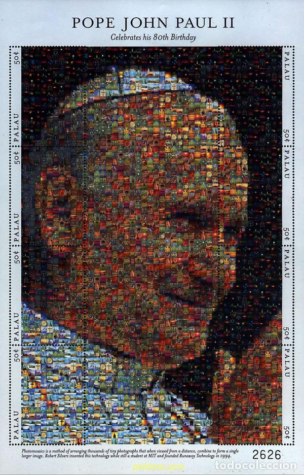 Stamps: 102522 MNH PALAU 2000 80 ANIVERSARIO DE S.S. EL PAPA JUAN PABLO II. FOTOMOSAICO DE MOTIVOS RELIGIOS
