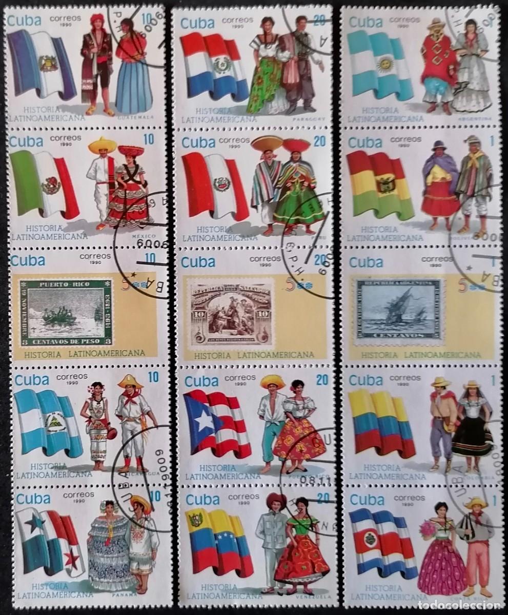 Sellos: CUBA 1990 - BANDERAS Y TRAJES .