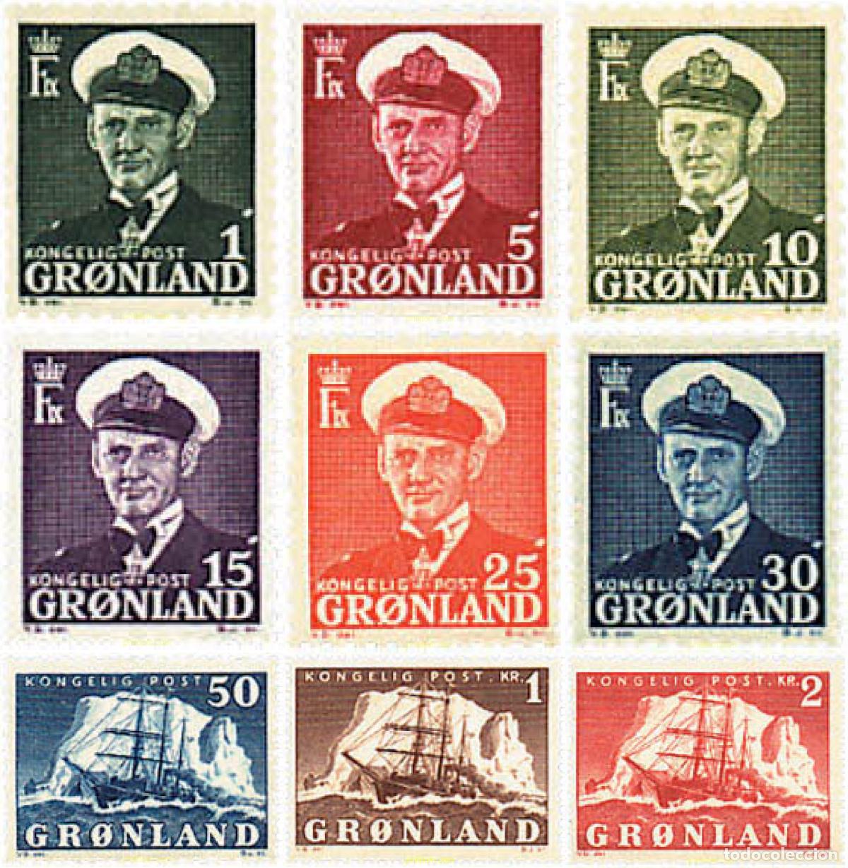 Sellos: 212943 HINGED GROENLANDIA 1950 REY FREDERIK IX Y BARCO GUSTAV HOLM