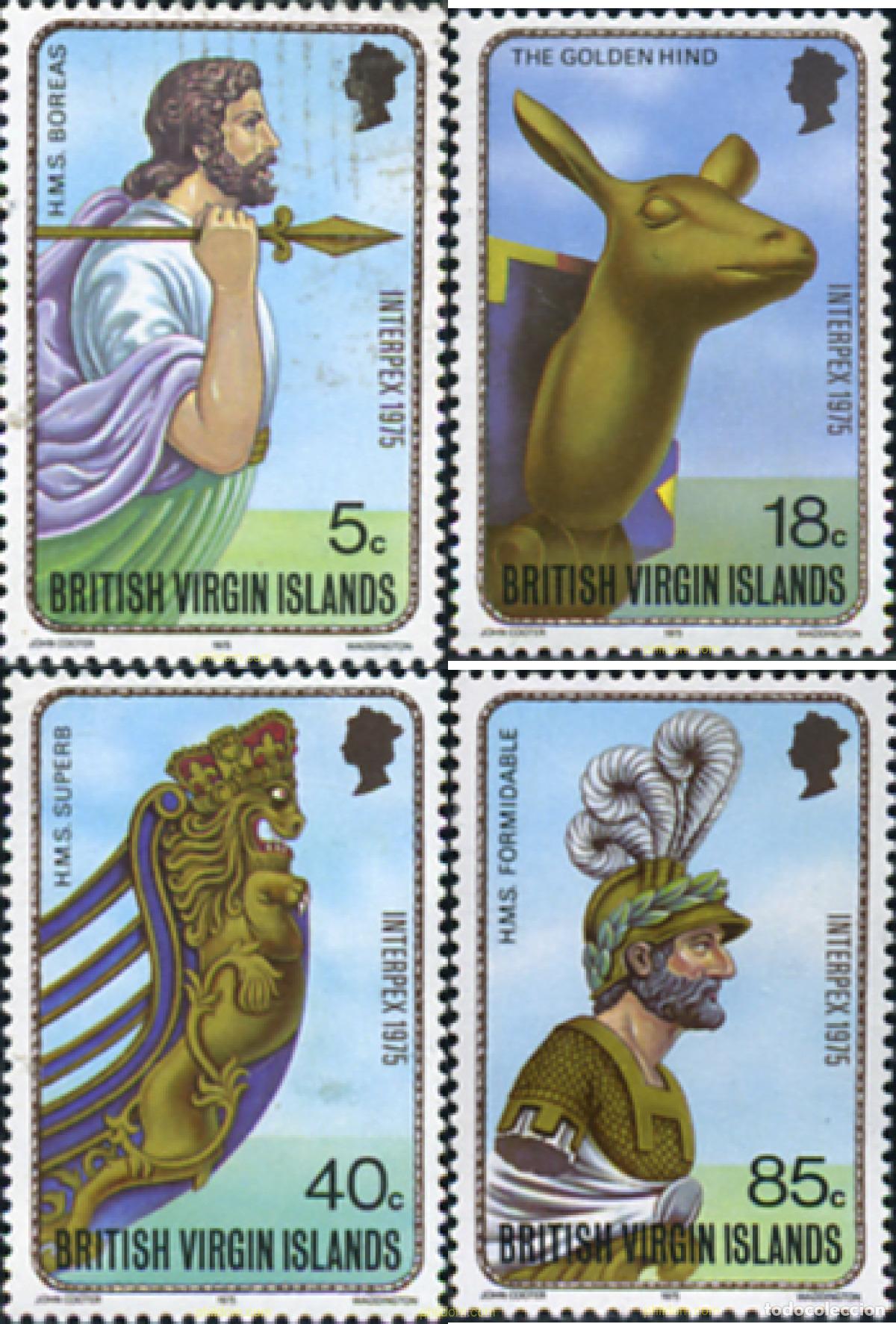 Sellos: 104087 MNH VIRGENES BRITANICAS Islas 1975 INTERPEX 1975. EXPOSICION FILATELICA. MASCARONES DE PROA