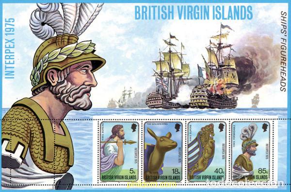 Sellos: 104085 MNH VIRGENES BRITANICAS Islas 1975 INTERPEX 1975. EXPOSICION FILATELICA. MASCARONES DE PROA