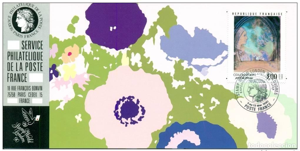 Sellos: 062 Mapa oficial Exposici&oacute;n Londres 1990 Francia FDC Pintura Arte Odilon Redon