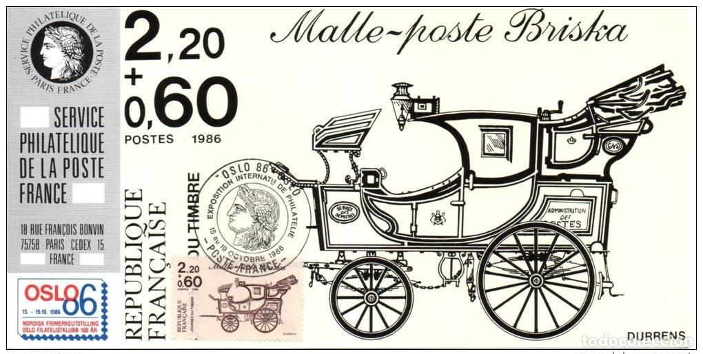 Sellos: 034 Mapa oficial de la exposici&oacute;n Oslo 1986 Francia FDC carruaje autocar Oficina correos