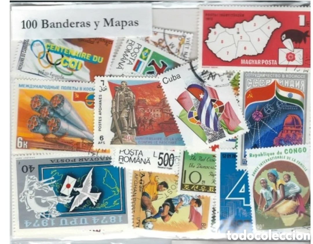Sellos: 100 SELLOS MUNDIALES DIFERENTES (BANDERAS Y MAPAS)