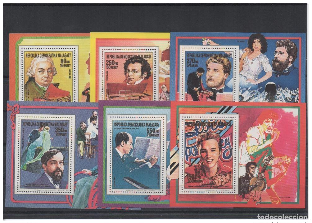 Sellos: Madagascar 1988 Elvis Presley Schubert Carmen Debussy Music Mi. N&uacute;m. 88-93