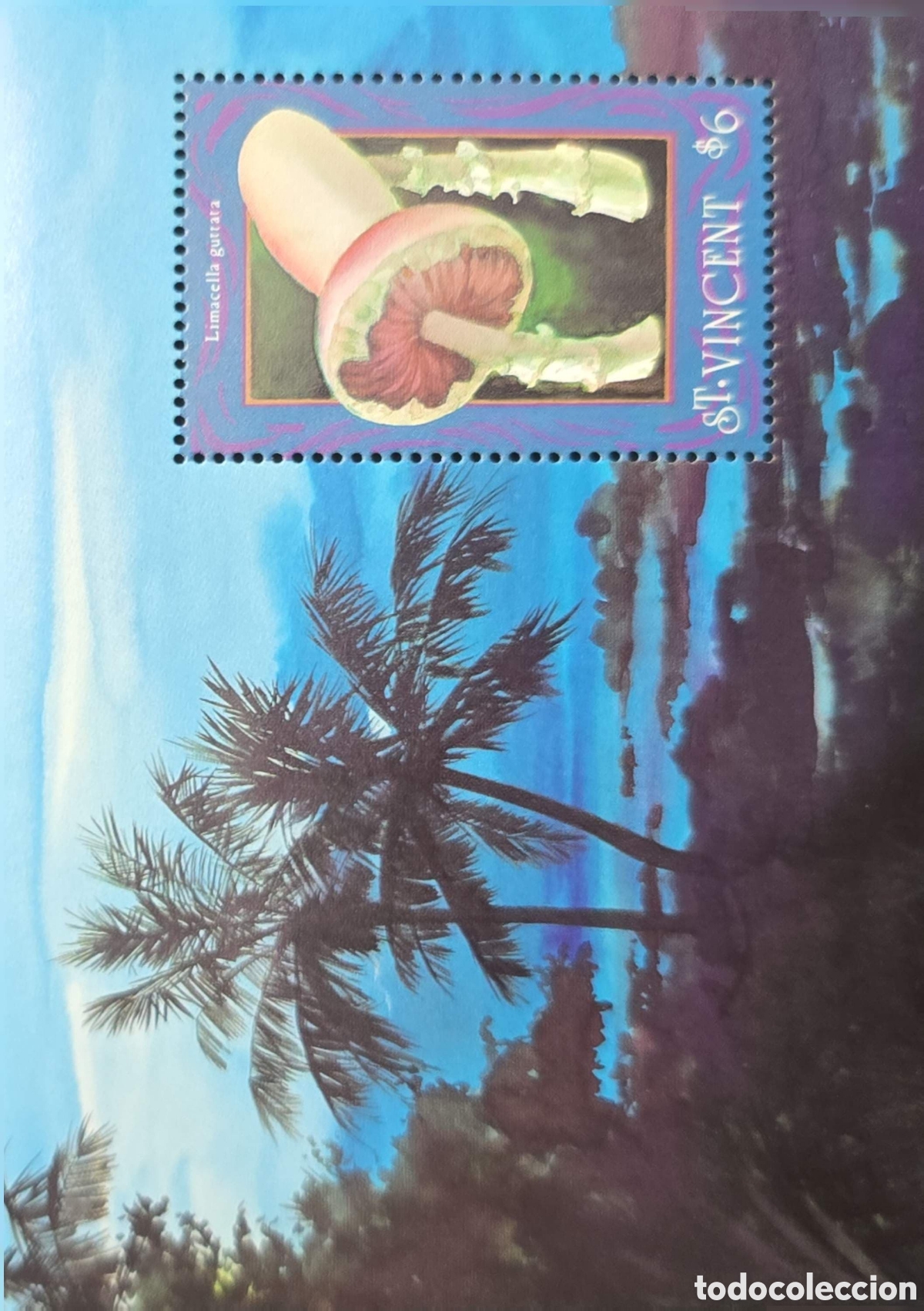 Sellos: CA)St. Vincent + 1990s + Mushroom Issue + $6 stamp depicting Limacella guttata with tropical coastal