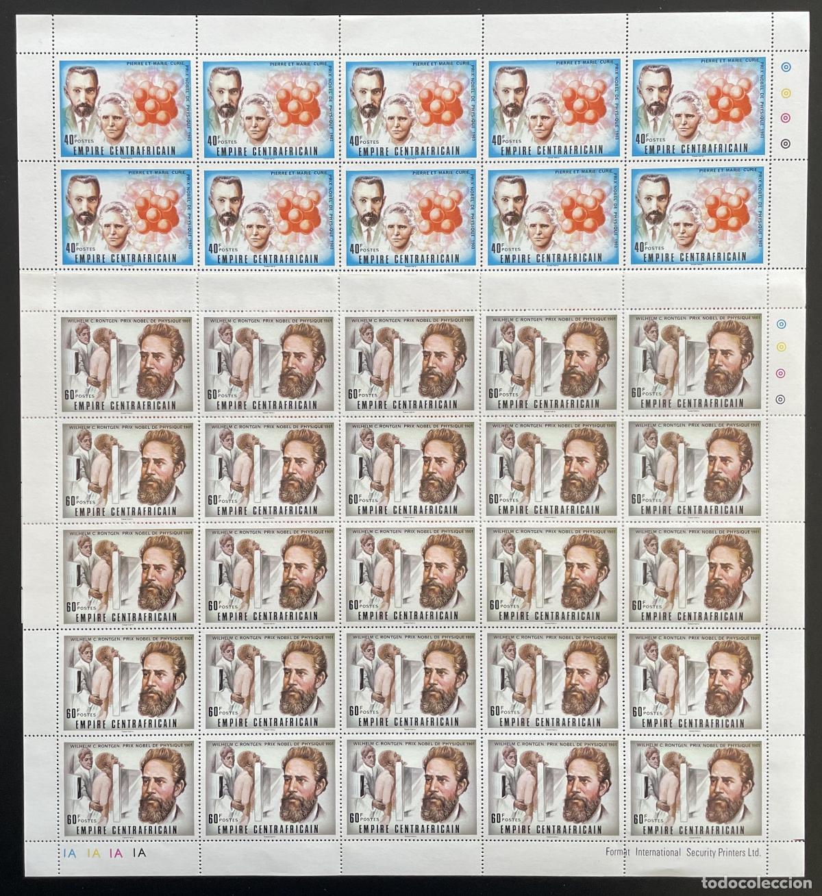 Sellos: Centroafricano 1977 YT 267-268 tabl&oacute;n Nobel Physique R&ouml;ntgen Curie Sciences