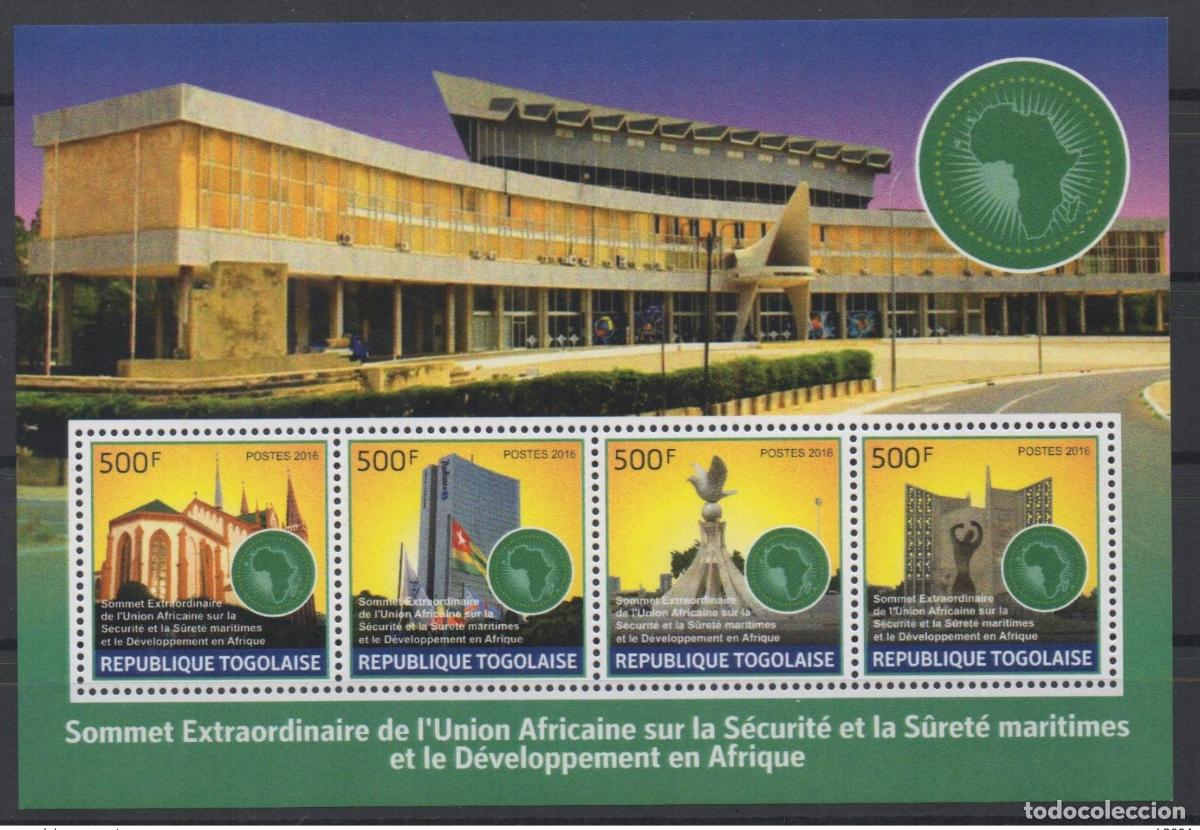 Sellos: Togo 2016 - mayo. &iquest;Bl.? Mapa bandera de la Cumbre Uni&oacute;n Africana 15 octubre**