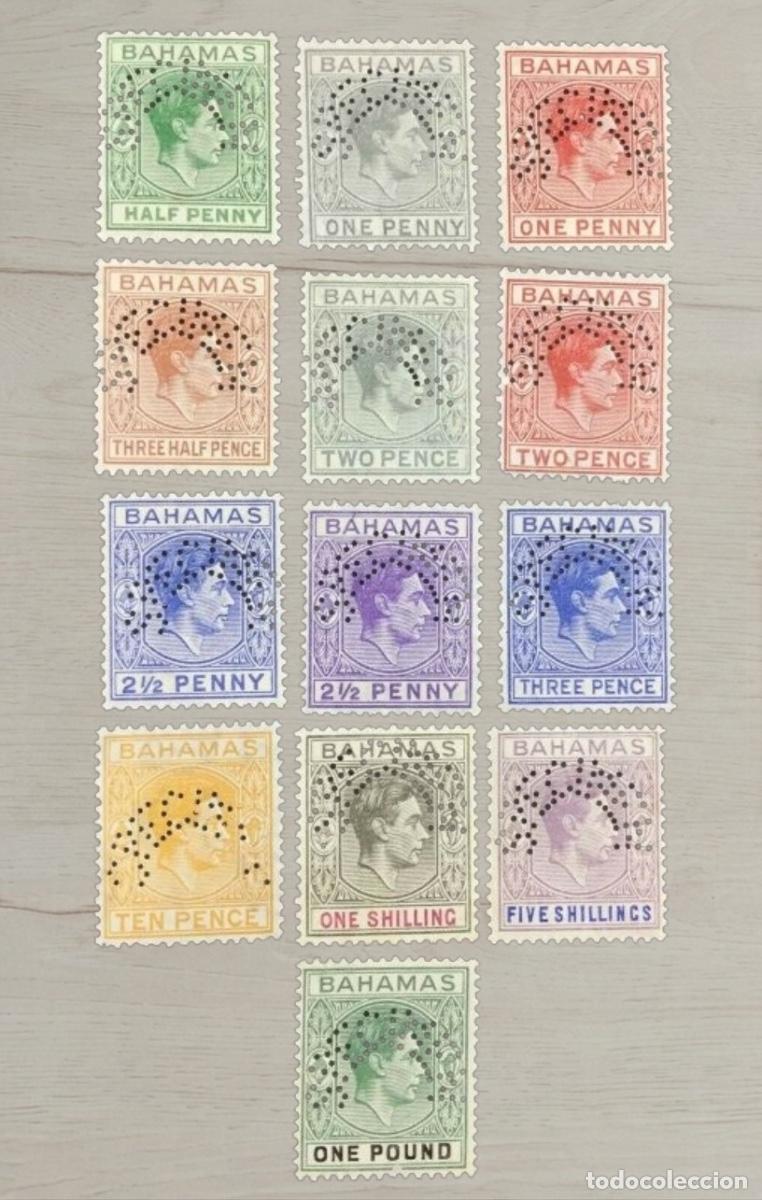 Sellos: Lote de 13 Sellos de Bahamas - &Eacute;poca Rey Jorge VI - Serie B&aacute;sica con Perforaciones &rdquo;Perfins&rdquo; - Nuevo