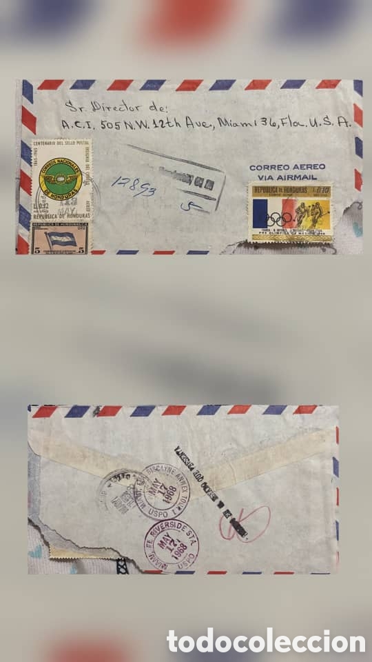 Sellos: CA)Honduras + 1970s + Airmail & Sports + Envelope to Miami with stamps commemorating postal centenar
