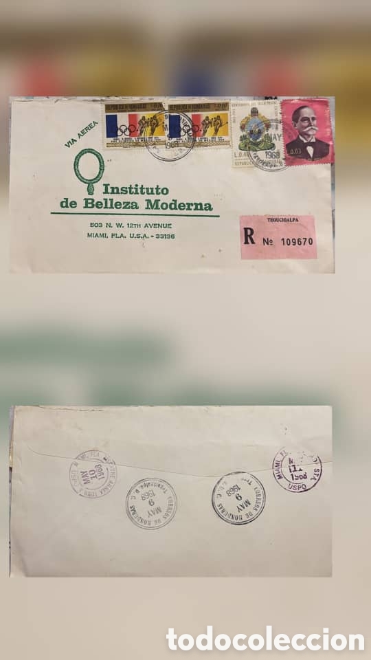 Sellos: CA)Honduras + 1970s + Airmail & Olympics + Registered envelope from Tegucigalpa to Miami with Olympi