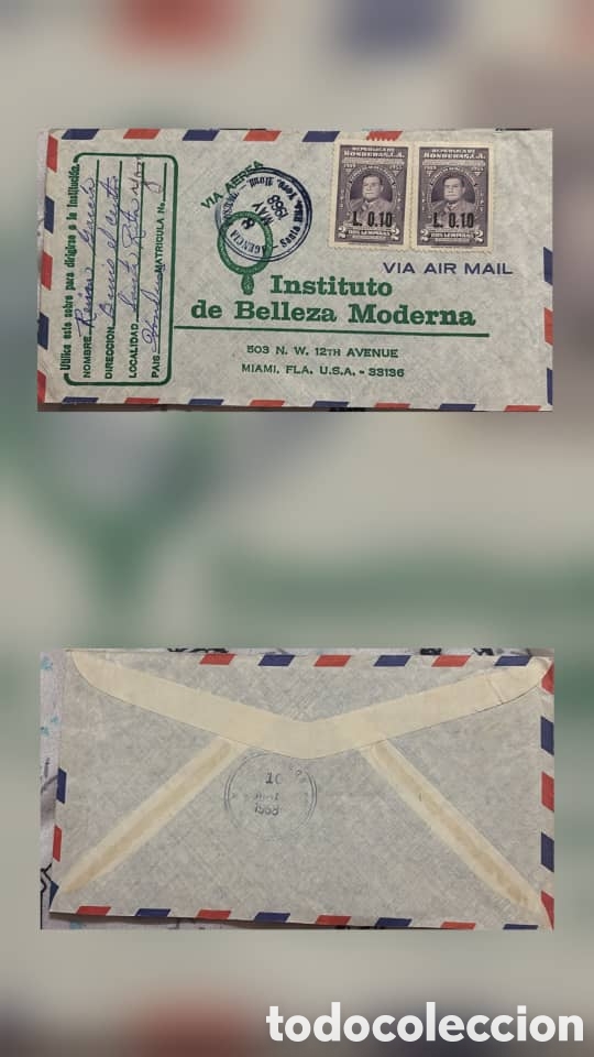 Sellos: CA)Honduras + 1964 + Airmail & Portraits + Envelope from Comayaguela to Miami with 10c portrait stam