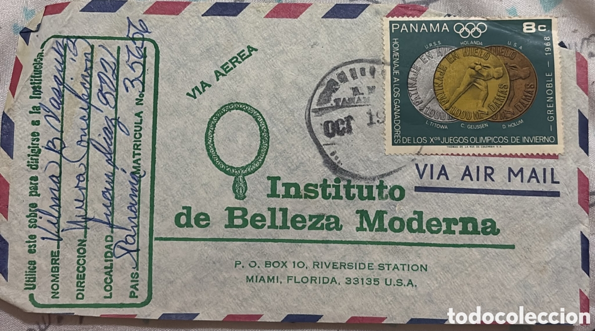 Sellos: CA)Panama + 1968 + Airmail & Olympics + Envelope from Juan D&iacute;az to Miami with 8c stamp honoring Gren