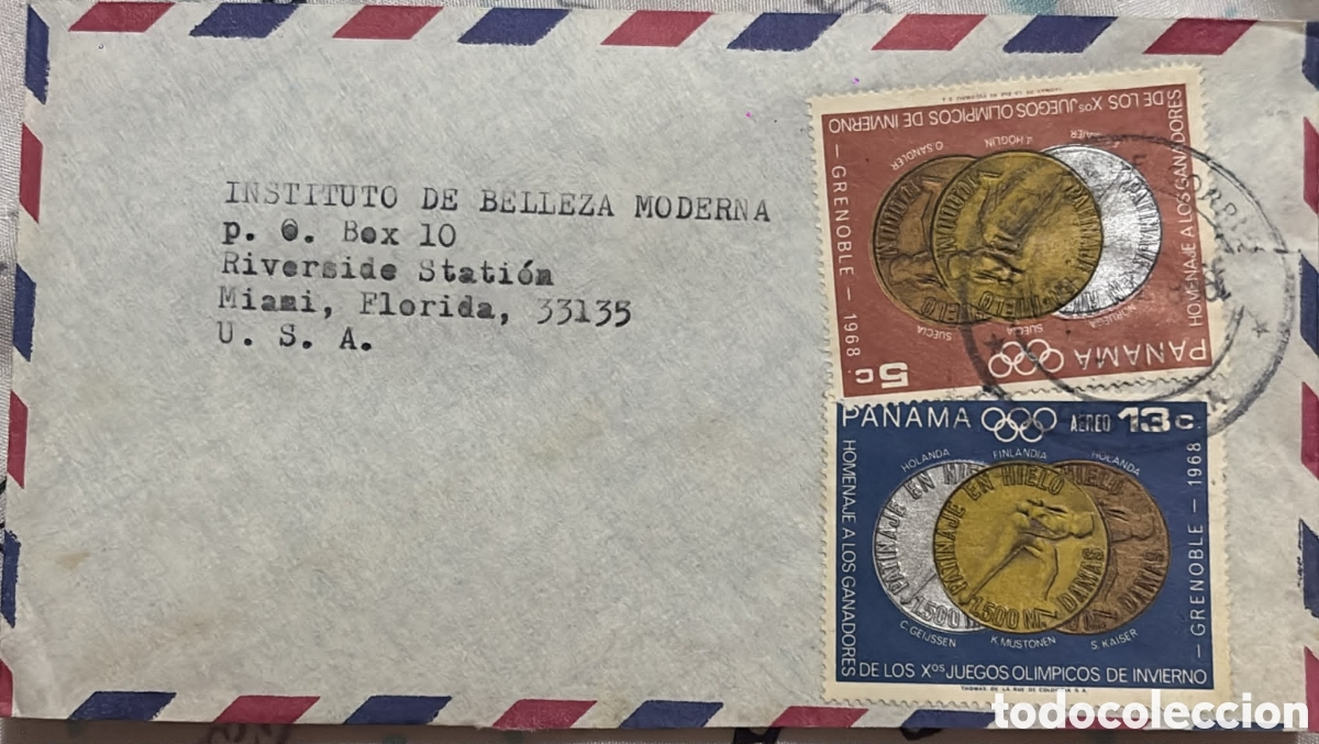 Sellos: CA)Panama + 1968 + Airmail & Olympics + Envelope to Miami with 5c and 13c stamps honoring Grenoble W