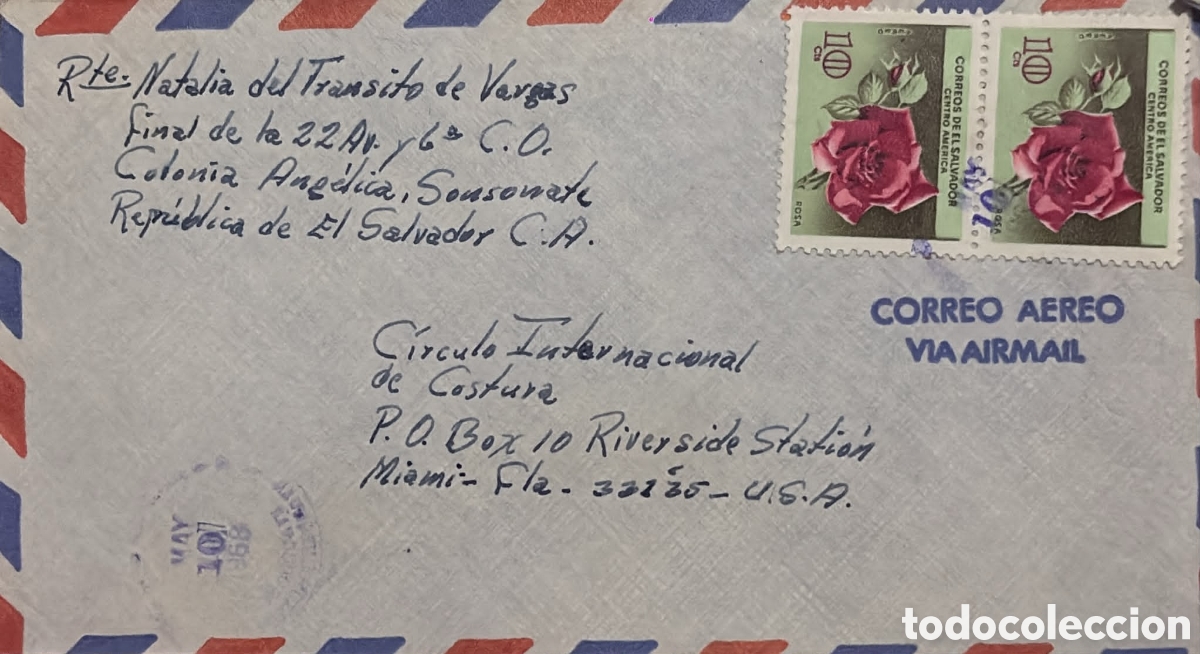 Sellos: CA)El Salvador + 1970s + Airmail & Flora + Envelope from Sonsonate to Miami with two stamps featurin