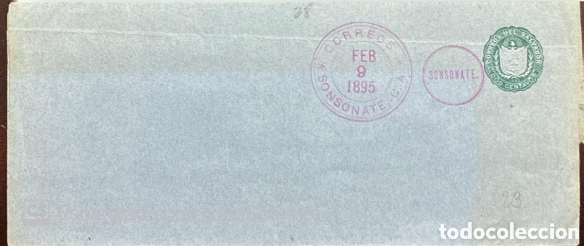 Sellos: CA)El Salvador + 1895 + Postal History + Light blue-gray envelope with green imprinted &ldquo;CORREOS DEL