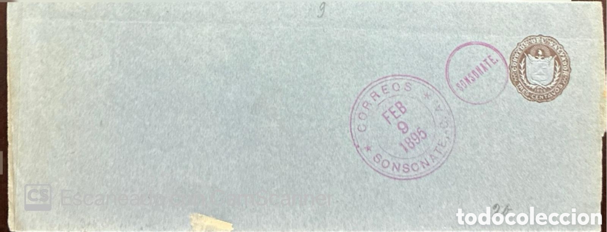 Sellos: CA)El Salvador + 1895 + Postal History + Light blue-gray envelope with brown imprinted &ldquo;CORREOS DE E