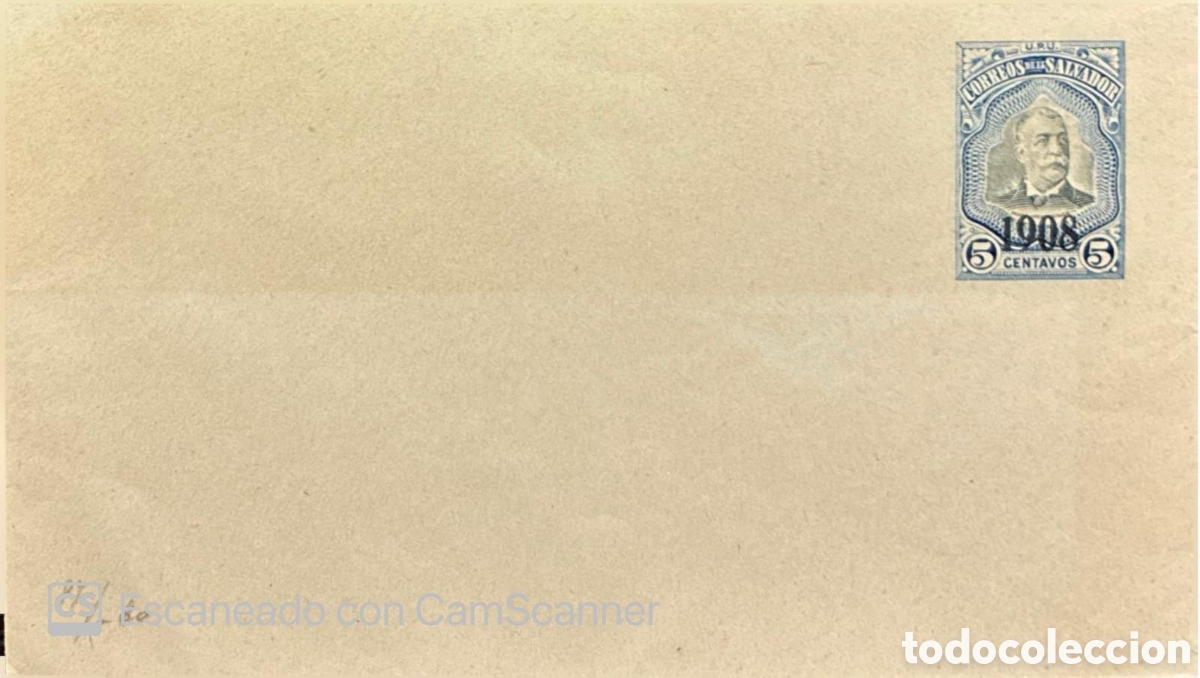 Sellos: CA)El Salvador + 1908 + Postal History + Beige envelope with blue imprinted &ldquo;CORREOS DE EL SALVADOR
