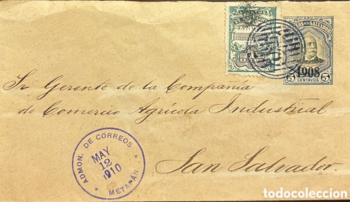 Sellos: CA)El Salvador + 1910 + Postal History + Addressed envelope with green 1 centavo and blue 5 centavos