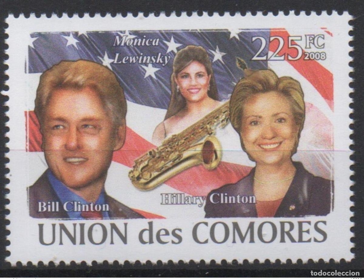 Sellos: Comoras 2008 Estados Unidos Bill Hillary Clinton Levinsky saxof&oacute;n Mi. I-VI Bl. I No publicado