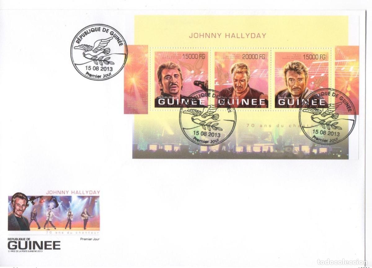 Sellos: Guinea 2013 Johnny Hallyday hoja oficial FDC sobres 1er d&iacute;a