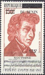 Sellos: Ben&iacute;n 2008 Mi. 1437 sobrecargado Chopin m&uacute;sica Nocturno piano a&eacute;reo