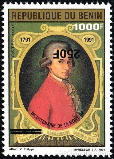 Stamps: Ben&iacute;n 1996 Mi. 891 VARIEDAD INVERTIDA sobrecargado Mozart compositor m&uacute;sica