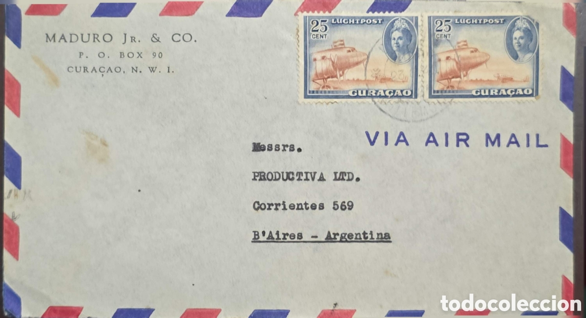 Sellos: CA)Cura&ccedil;ao + 1950s + Airmail + Commercial envelope bordered in red‑white‑blue stripes, franked with