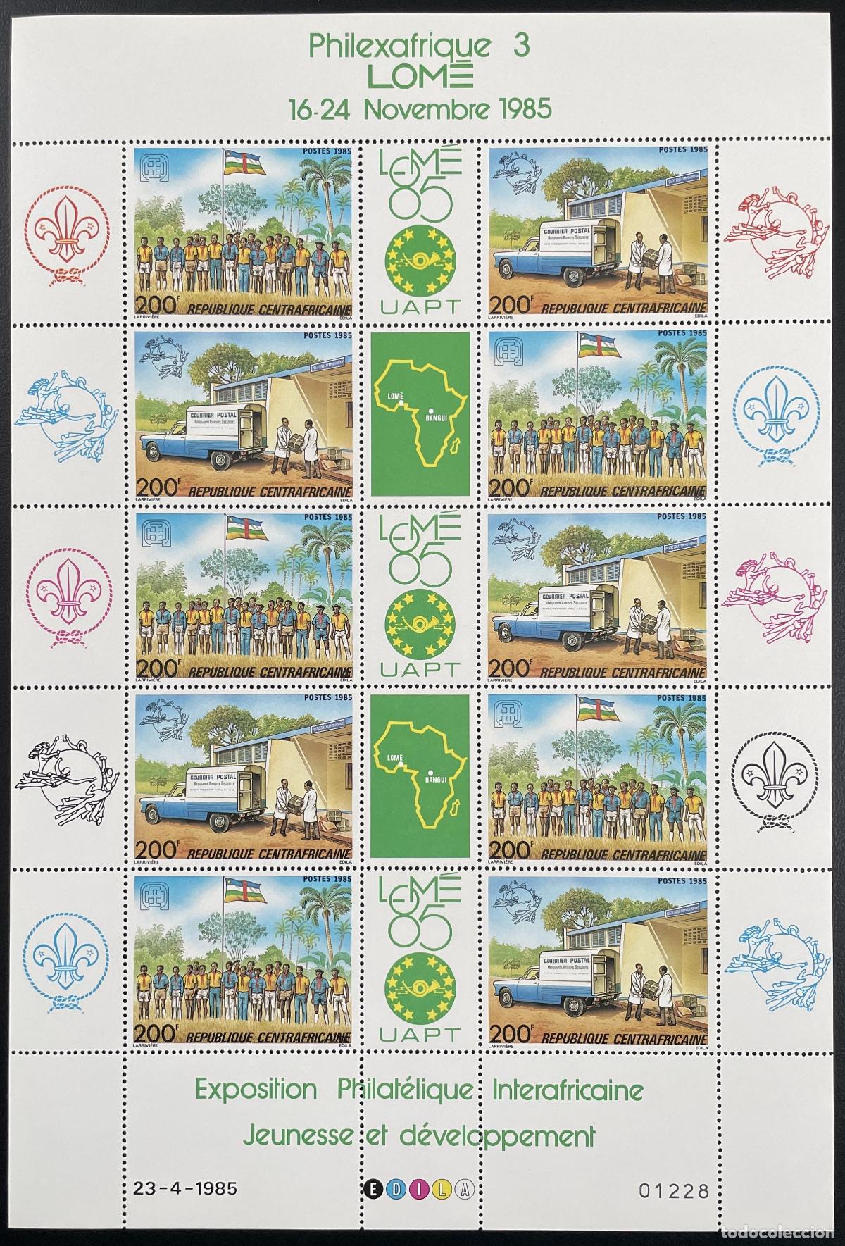 Sellos: Centroafricano 1985 YT 671A tabl&oacute;n Philexafrica Lom&eacute; busca j&oacute;venes postal