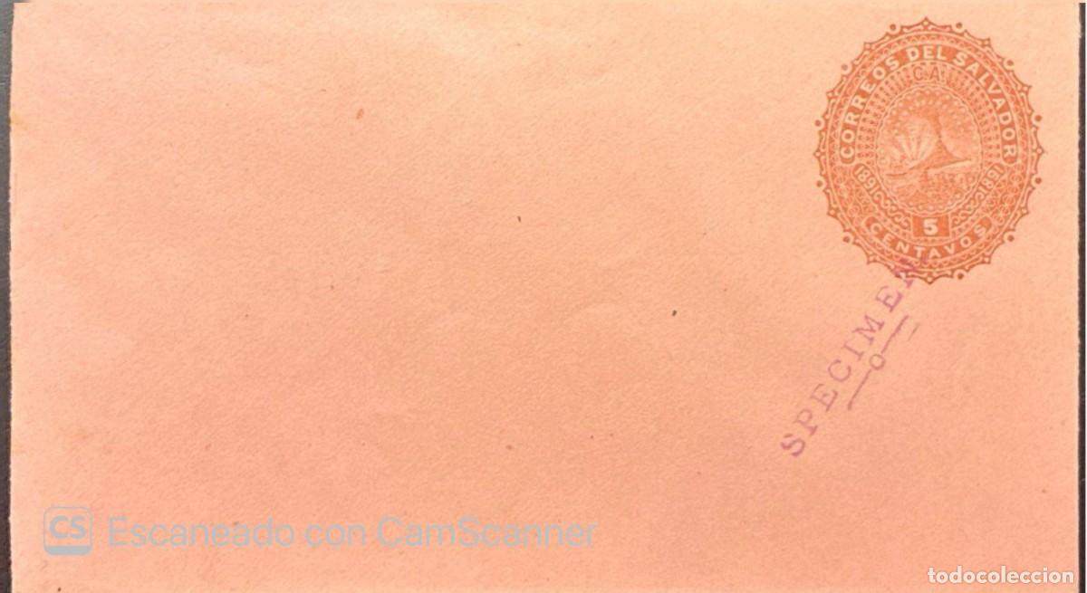 Sellos: O) EL SALVADOR, SPECIMEN, COAT OF ARMS - VOLCANO SAN MIGUEL, POSTAL STATIONERY 5 centavos