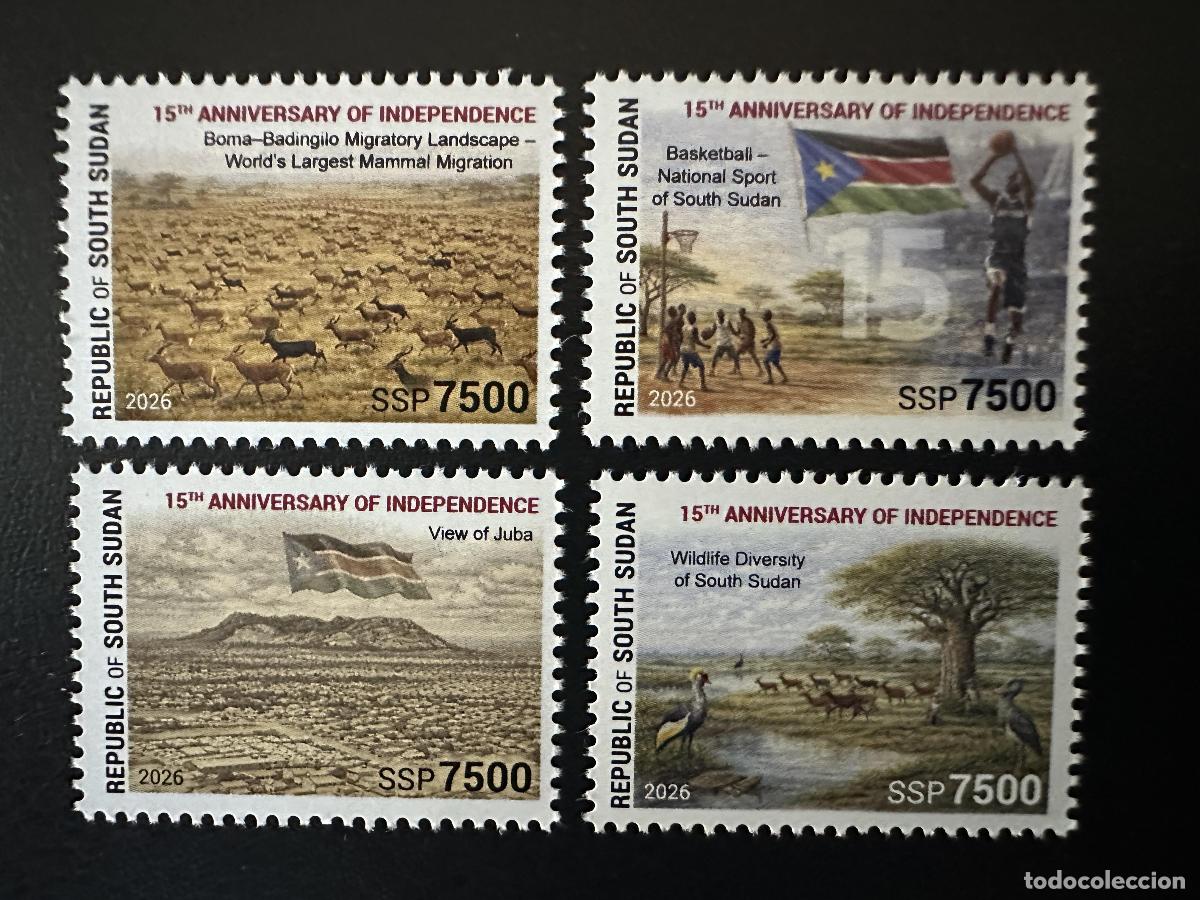 Sellos: Sud&aacute;n del Sur 2026 independencia migraci&oacute;n fauna baloncesto Juba bandera